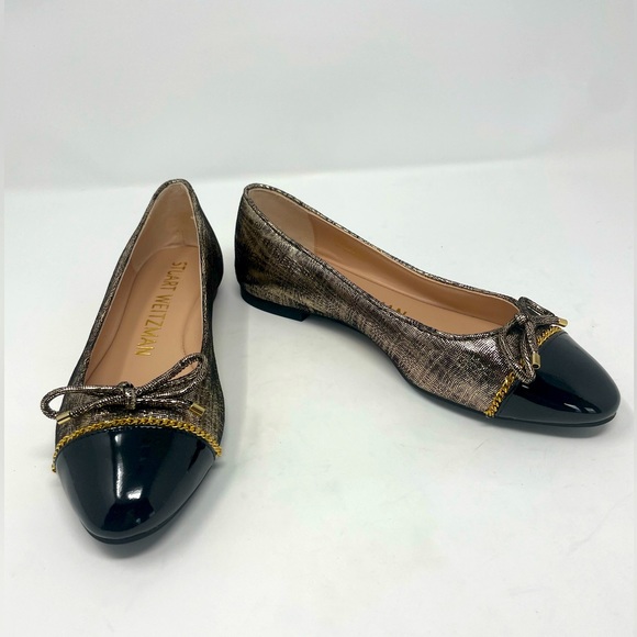 Stuart Weitzman Black and Gold Metallic Ballerina Flats - Picture 1 of 9